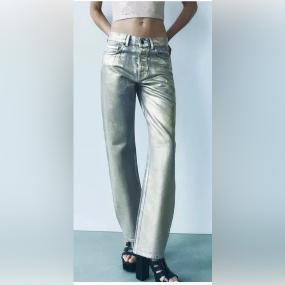 Zara Jeans relaxed metallic dust Mid Waist Foil ZW EUR 32 USA O MEX 22 NWT